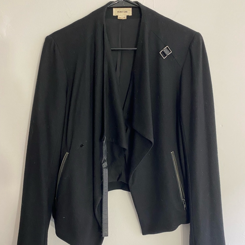 Helmut Lang Black Sonar Wool and Leather Cropped Jacket